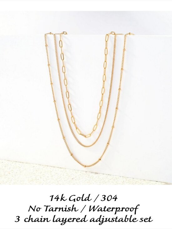 Jewelry - 14k Gold / 304  No Tarnish 3 chain layered adjustable set